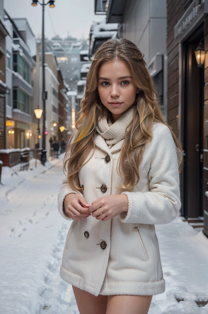 professional portrait photograph of a gorgeous Norwegian girl in winter clothing with long wavy blonde hair, sultry flirty look, gorgeous symmetrical face, cute natural makeup, wearing elegant warm winter fashion clothing, ((standing outside in snowy city street)), stunning modern urban environment, ultra realistic, concept art, elegant, highly detailed, intricate, sharp focus, depth of field, f/1. 8, 85mm, medium shot, mid shot, (((professionally color graded))), bright soft diffused light, (volumetric fog), trending on instagram, hdr 4k, 8k
