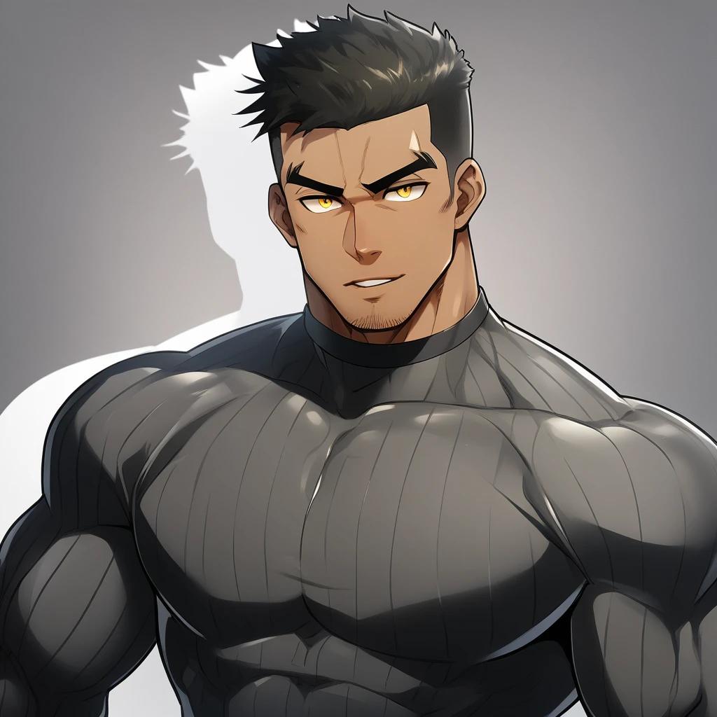 anime characters:Tights superhero, Muscle superhero, negro black skin, 1 dark skin muscular tough guy, Manliness, male focus, Yellow and black striped high collar long sleeve tight T-shirt, Slightly transparent material, Very tight, Round, full and perky chest muscles, Slightly transparent, muscular male, muscular, only, Upper body, alone, Black short hair, Thick eyebrows, stubble, Yellow eyes, Grey background, simple background, amazing quality, best aesthetics, Ridiculous, bright pupils, crew cut, parted lips, seductive smile, torogao, naughty face, drop shadow, best quality