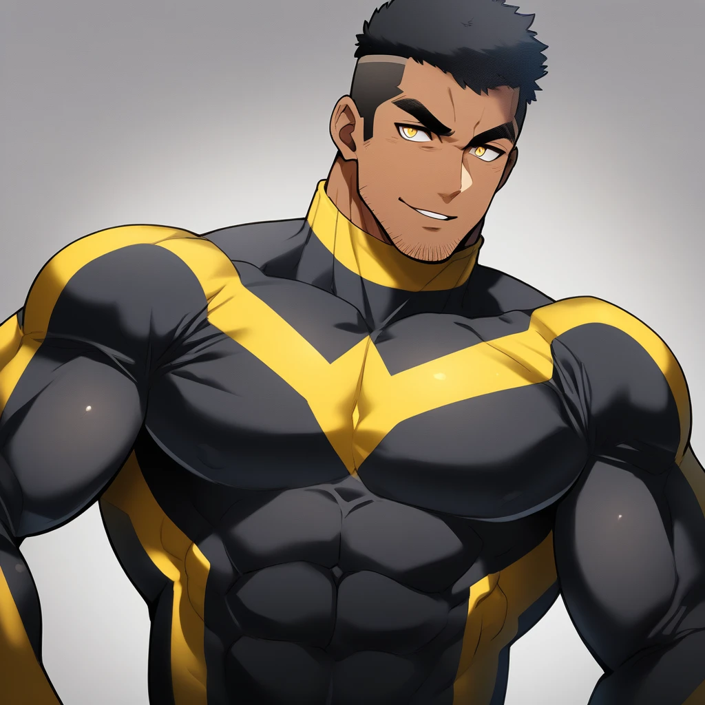 anime characters:Tights superhero, Muscle superhero, negro black skin, 1 dark skin muscular tough guy, Manliness, male focus, Yellow and black striped high collar long sleeve tight T-shirt, Slightly transparent material, Very tight, Round, full and perky chest muscles, Slightly transparent, muscular male, muscular, only, Upper body, alone, Black short hair, Thick eyebrows, stubble, Yellow eyes, Grey background, simple background, amazing quality, best aesthetics, Ridiculous, bright pupils, crew cut, parted lips, seductive smile, torogao, naughty face, drop shadow, best quality