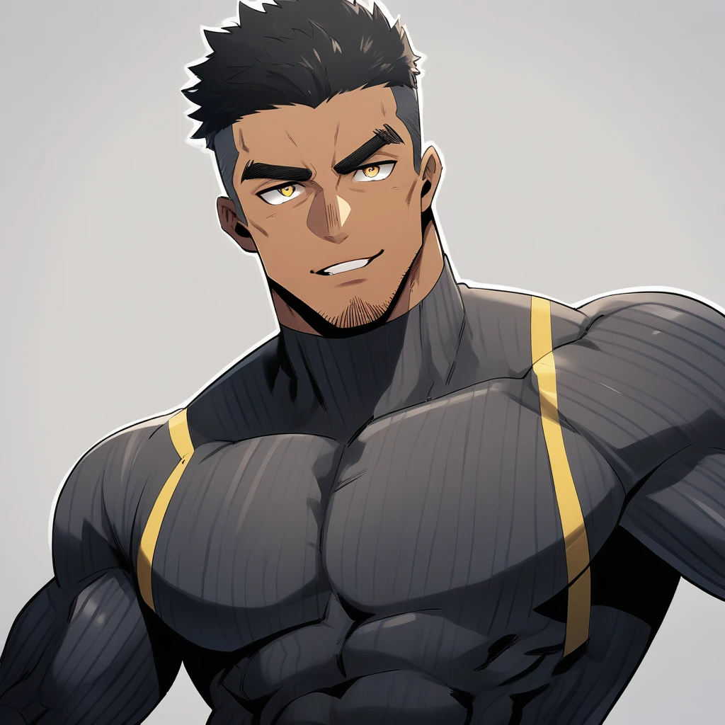 anime characters：Tights superhero, Muscle superhero, negro black skin, 1 dark skin muscular tough guy, Manliness, male focus, Yellow and black striped high collar long sleeve tight T-shirt, Slightly transparent material, Very tight, Round, full and perky chest muscles, Slightly transparent, muscular male, muscular, only, Upper body, alone, Black short hair, Thick eyebrows, stubble, Yellow eyes, Grey background, simple background, amazing quality, best aesthetics, Ridiculous, bright pupils, crew cut, parted lips, seductive smile, torogao, naughty face, drop shadow, best quality