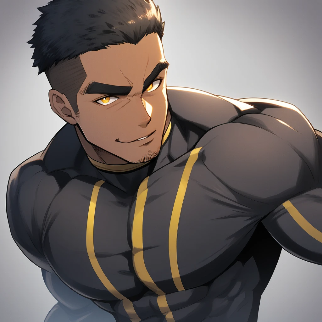 anime characters：Tights superhero, Muscle superhero, negro black skin, 1 dark skin muscular tough guy, Manliness, male focus, Yellow and black striped high collar long sleeve tight T-shirt, Slightly transparent material, Very tight, Round, full and perky chest muscles, Slightly transparent, muscular male, muscular, only, Upper body, alone, Black short hair, Thick eyebrows, stubble, Yellow eyes, Grey background, simple background, amazing quality, best aesthetics, Ridiculous, bright pupils, crew cut, parted lips, seductive smile, torogao, naughty face, drop shadow, best quality