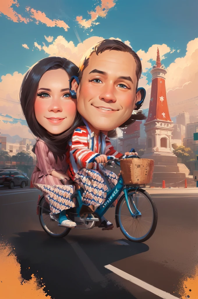 Husband and wife ride bicycles,, caricature illustration, caricature style, cartoon digital painting, proffesional illustration, caricature, cartoon artstyle, potrait, in cartoon style, professional illustration, cartoon digital art, stylized digital illustration, professional artwork, digital art cartoon, official illustration, caricature!!!