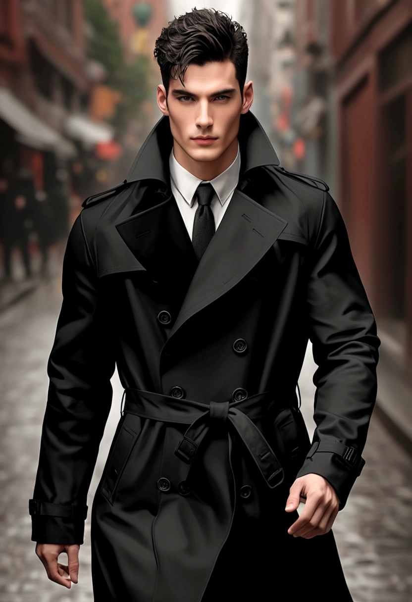 Handsome male model,Black trench coat,Stereoscopic cropping,Texture,HD,Street Photography