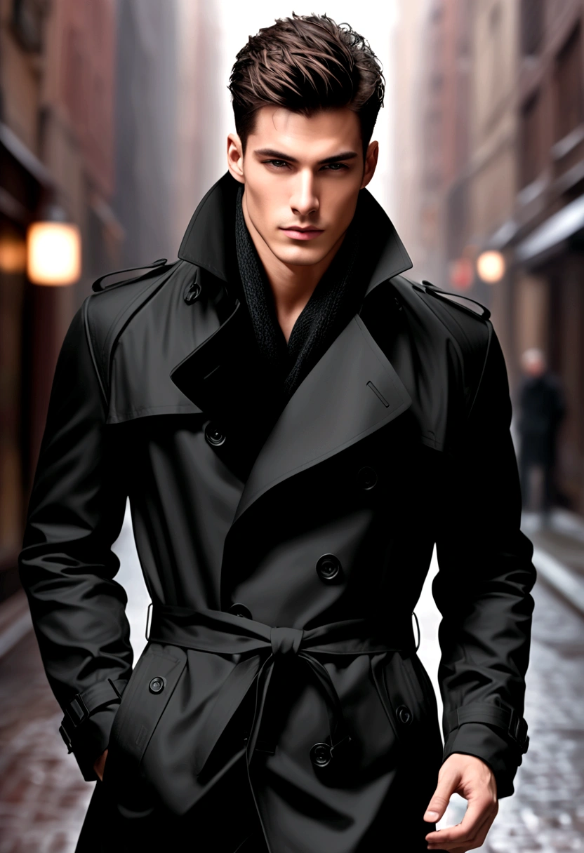 Handsome male model,Black trench coat,Stereoscopic cropping,Texture,HD,Street Photography