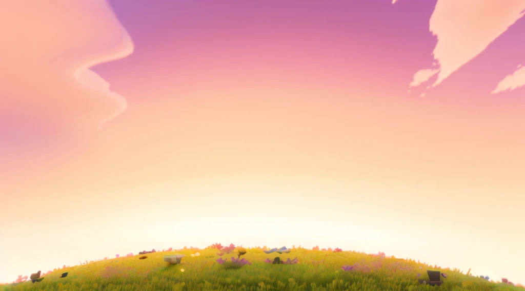 Game architecture design, Cartoon,，casual game style, ,C4D，，masterpiece，Super Detail，Best quality，grassland，dusk，Pink and purple sky，Pink clouds，Light，黄绿色的grassland，3d，C4D，high quality，unmanned，