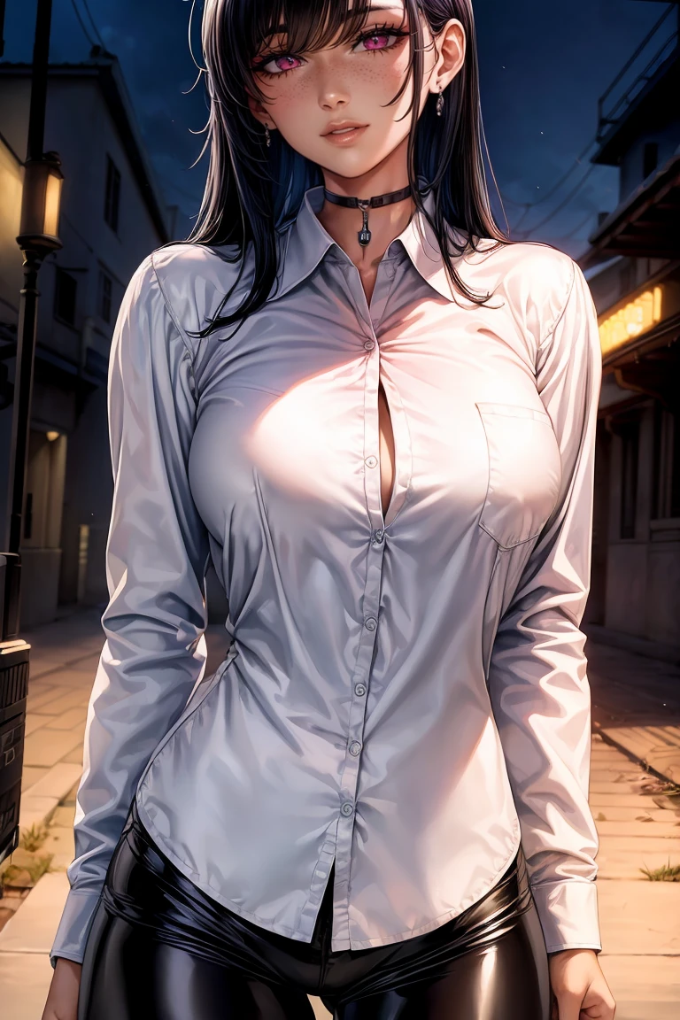 (strong and bright eyes)beautiful, beautiful woman, perfect anatomy, perfect body, perfect breasts, choker:1.6, captivating look, slight smile, realism, Masterpiece, Rough skin , super detailed, high detail, high quality, 最high quality, 1080P, 16k, realist, 1 girl, (black fur, wide), shiny black leggings, Chapped lips, blush, alley, evening, (white long sleeve collared shirt:1.4), shy