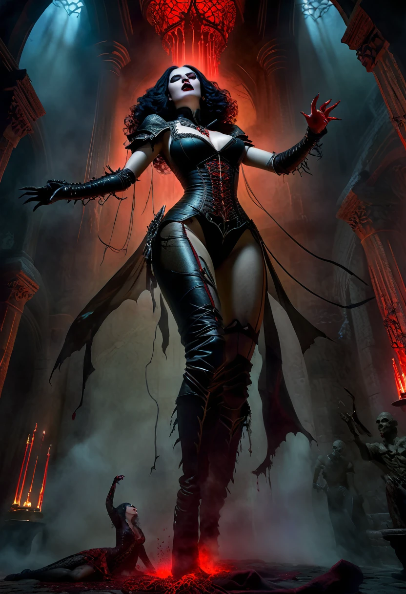 dark fantasy, dramatic lighting, full body shot, wide angle,dynamic angle, deep shadows, a female vampire and her thrall, extremely detailed skin, perfect ginger wavy hair, (A female vampire and her thrall, she is using her vampiric powers to shift blood in the atmosphere, making the blood translocate around the environment), (the female vampire is trying to reach her thrall's neck with her hand, absorbing the thrall's blood from afar), hemokinesis, (there are lots of blood strings floating around the environment), she is wearing a very intricate biological exoskeleton, (the female vampire's lower body is vanishing, becoming black mist), the scene unfolds in a dungeon dimly illuminated by a red glow, red energy lines, pale blue and olive hues, mystical energy, moody atmosphere, cinematic composition, Yoshitaka Amano style