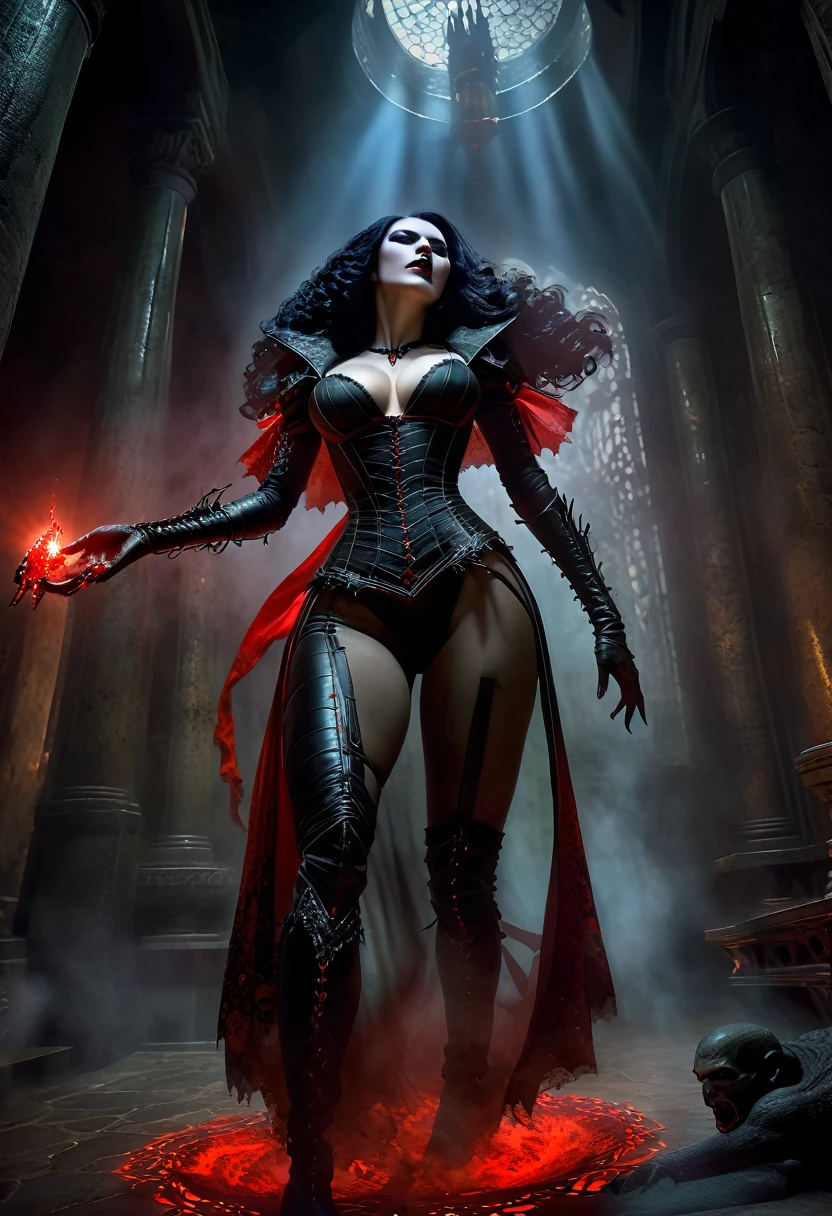 dark fantasy, dramatic lighting, full body shot, wide angle,dynamic angle, deep shadows, a female vampire and her thrall, extremely detailed skin, perfect black wavy hair, (A female vampire and her thrall, she is using her paranormal powers to shift blood in the atmosphere, making the blood translocate around the environment), (the female vampire is trying to reach her thrall's neck with her hand, absorbing the thrall's blood from afar), hemokinesis, (there are lots of blood strings floating around the environment), she is wearing a very intricate biological exoskeleton, (the female vampire's lower body is vanishing, becoming black mist), the scene unfolds in a dungeon dimly illuminated by a red glow, red energy lines, pale blue and olive hues, mystical energy, moody atmosphere, cinematic composition, Yoshitaka Amano style