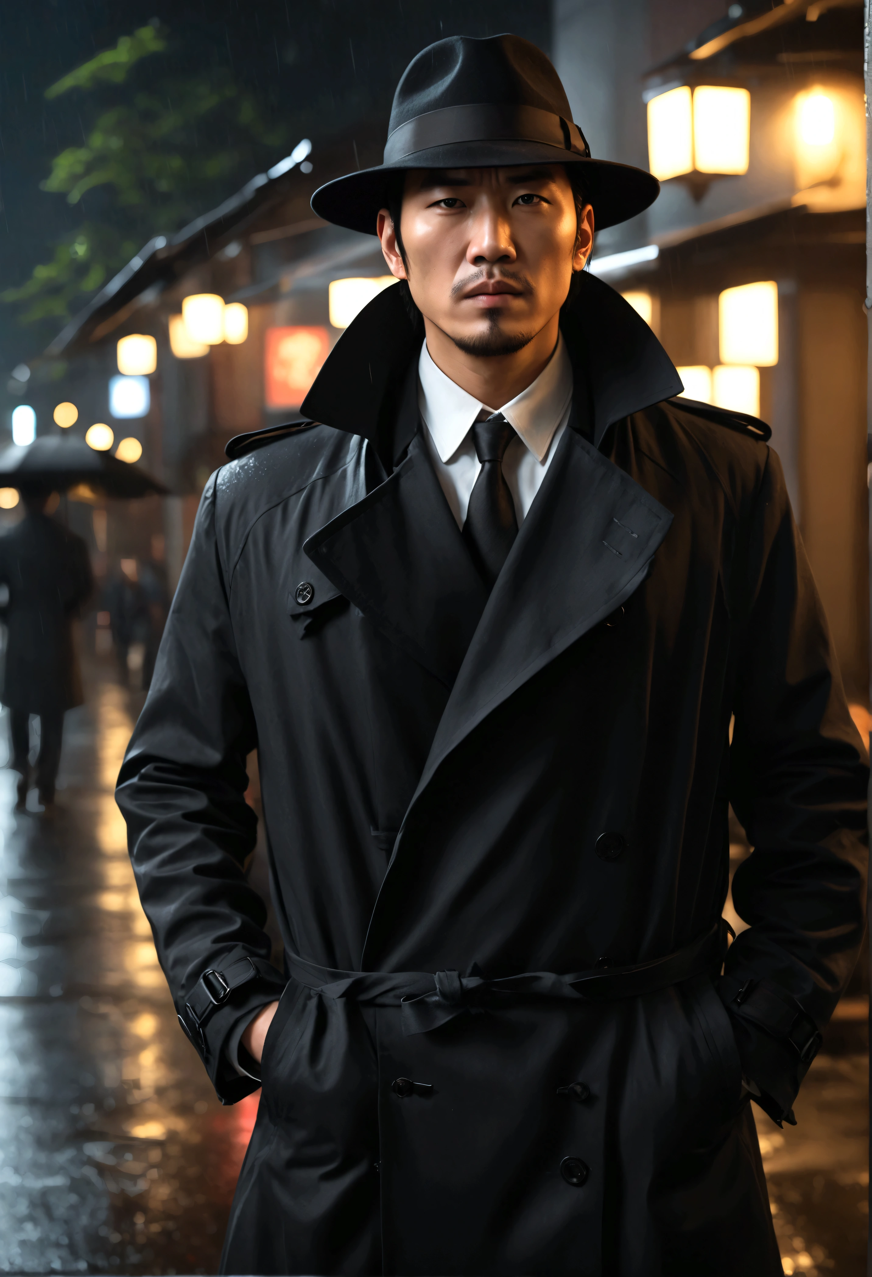 a yakuza member in a black trench coat, black felt wide rim hat, holding a lit cigarette, grim dark expression, walking on the sidewalk on a dreary tokyo night, light rain, street lamps, 4k, 8k, highres, masterpiece, realistic, photorealistic, photo-realistic, HDR, UHD, studio lighting, ultra-fine painting, sharp focus, physically-based rendering, extreme detail description, professional, vivid colors, bokeh, chiaroscuro, moody, atmospheric, cinematic, dramatic lighting