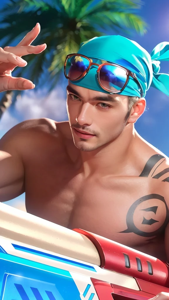 a close up portrait of a man with a blue bandana, sunglasses, detailed facial features, chiseled jawline, smile, rugged handsome, cinematic lighting, high contrast, dramatic shadows, moody color palette, dark and gritty, cinematic, hyperrealistic, 8k, detailed textures, masterpiece