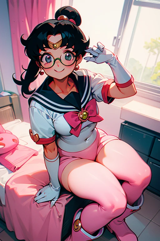 A chubby, black-haired, freckled, glasses-wearing girl dressed as Sailor Chibi Moon, wearing white gloves and pink boots, smiling gently in her room.