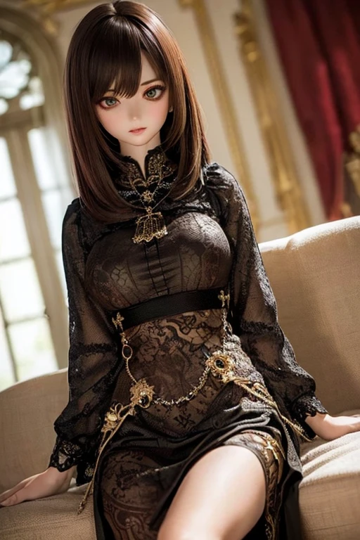 photorealistic, realistic photo, ((highest quality)), ((masterpiece)), kukolnydom, doll, (mature woman:1.6), solo, ((eye level shot, sitting on sofa, reclining on sofa, skinny, slender, slim, brown hair, parted lips)), detailed face, green eyes, (looking at another:1.3), (eyes out of focus, emotionless eyes, blank stare, empty eyes, detailed eyes), blouse, castle, 8k