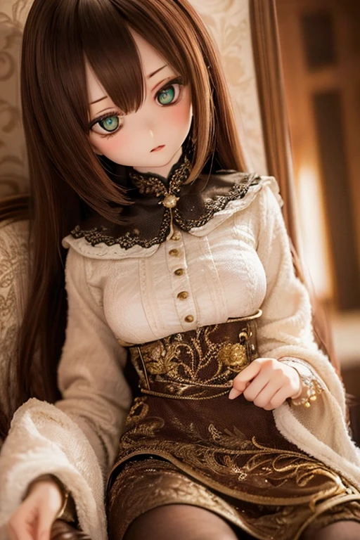 photorealistic, realistic photo, ((highest quality)), ((masterpiece)), kukolnydom, doll, (mature woman:1.6), solo, ((eye level shot, sitting on sofa, reclining on sofa, skinny, slender, slim, brown hair, parted lips)), hairband, detailed face, green eyes, (looking down:1.3), (eyes out of focus, emotionless eyes, blank stare, empty eyes, detailed eyes), blouse, castle, 8k