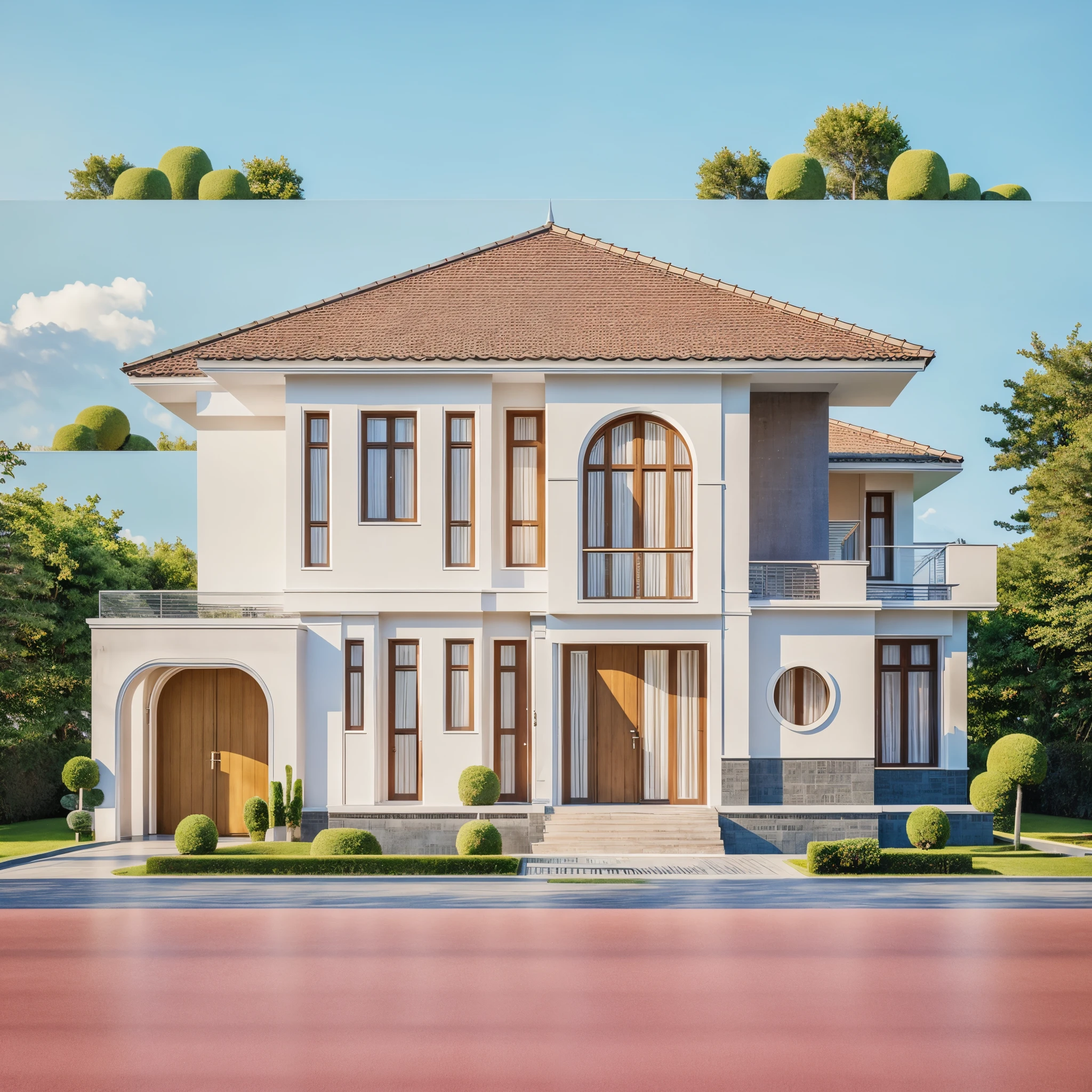 PLATEFORME KTHOUSE, Beaucoup de belles fleurs rouges le long de la route:1.3, romantique, 1 maison de style néoclassique, La maison de ville est faite de murs blancs, belle lumière, journée de beauté, ensoleillé, Beaucoup de bougainvilliers rouges le long de la route:1.3, belle sensation de jeunesse :1.2, soleil à midi, Très belles ombres,