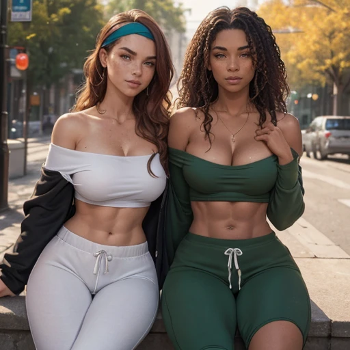 Two women with different colored natural hair next to each other, Athletic fit muscular 30 year old fitness athlete woman, amazingly long wavy voluminous flowing hair down her back to her thighs, big beautiful green eyes, MANY freckles, muscle tone, wet and glistening from sweat, wearing low-rise oversized sweatpants-shorts, ((( IMPORTANT: and a huge loose baggy oversized low-cut comfy big sweatshirt with ONE wide-neck-hole that goes all around off-shoulder and cleavage in one big swoop 1.3))), very tall socks and cute sneakers, flowers in hair, muscle definition in shoulders and belly, curvy, juicy wide hips, thick thighs, nice big muscular ass, mature gorgeous incredible pretty face, grinning, many tattoos on her body, sitting in coffee shop in morning, Instagram model, (((small breasts 1.3))), (((camera-angled-looking-down and wide-angle-lens and bokeh and incredible colors and professional photographer 1.3))) , stretching in park, SFW, abs,photorealistic,super long hair, incredible outfit that makes sense practically and beautifully for an autumn morning when it's sunny but a little windy, , headband, all clothes are one color