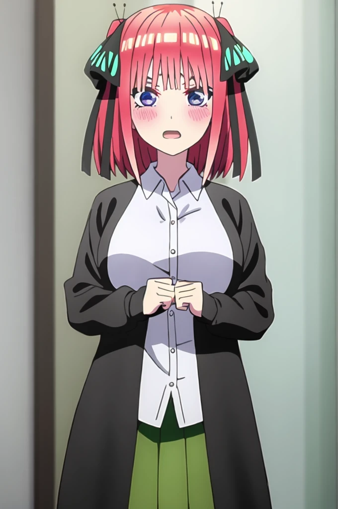 ((best quality)),((highly detailed)),masterpiece,absurdities,detailed face,beautiful face,(detailed eyes, deep eyes),1,((dynamic pose)) , Nino , pink hair, blue eyes, butterfly hair ornament, black ribbon, skirt, hair ornament, shirt, bangs, ribbon, green skirt, white shirt, black cardigan, cardigan, open clothing, open cardigan, blunt bangs, headband, , holding, breasts, pleated skirt, open mouth, V-shaped eyebrows, short hair, two pigtails, collared shirt, indoors, medium hair, blushing, alone, eyebrows hidden by hair, sleeves long, looking down shyly and blushing, two sides up, large breasts, dress shirt, shiny hair, standing, shiny, view to viewer, medium breasts