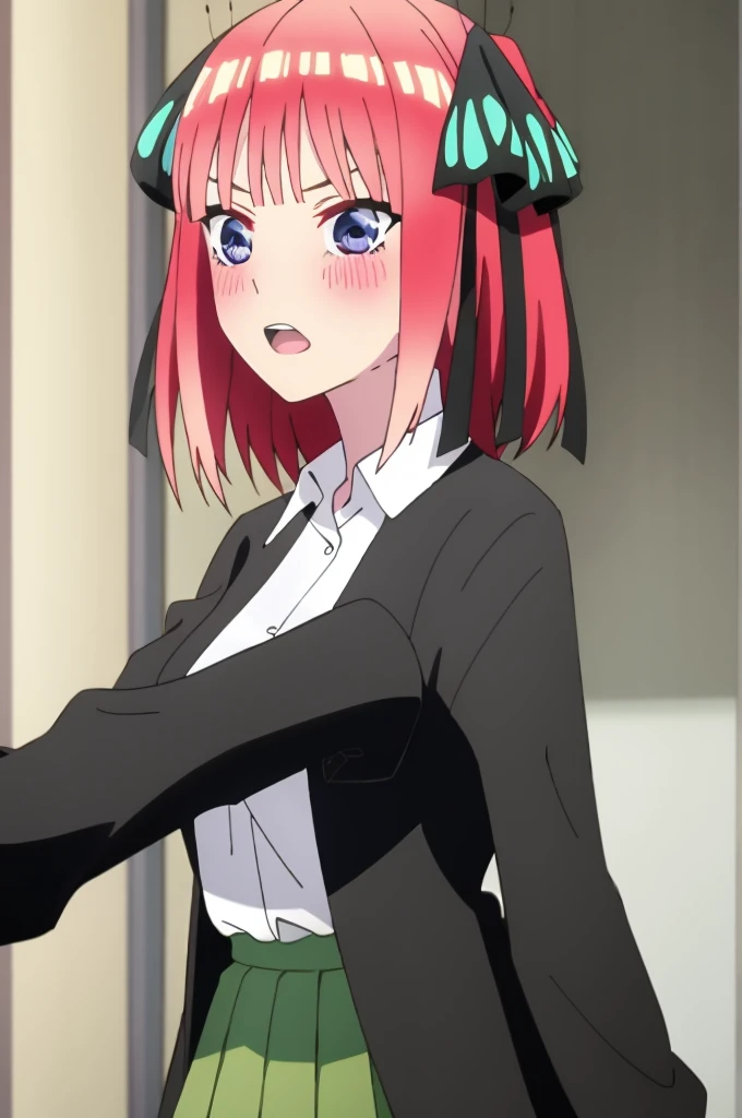 ((best quality)),((highly detailed)),masterpiece,absurdities,detailed face,beautiful face,(detailed eyes, deep eyes),1,((dynamic pose)) , Nino , pink hair, blue eyes, butterfly hair ornament, black ribbon, skirt, hair ornament, shirt, bangs, ribbon, green skirt, white shirt, black cardigan, cardigan, open clothing, open cardigan, blunt bangs, headband, , holding, breasts, pleated skirt, open mouth, V-shaped eyebrows, short hair, two pigtails, collared shirt, indoors, medium hair, blushing, alone, eyebrows hidden by hair, sleeves long, looking down shyly and blushing, two sides up, large breasts, dress shirt, shiny hair, standing, shiny, view to viewer, medium breasts