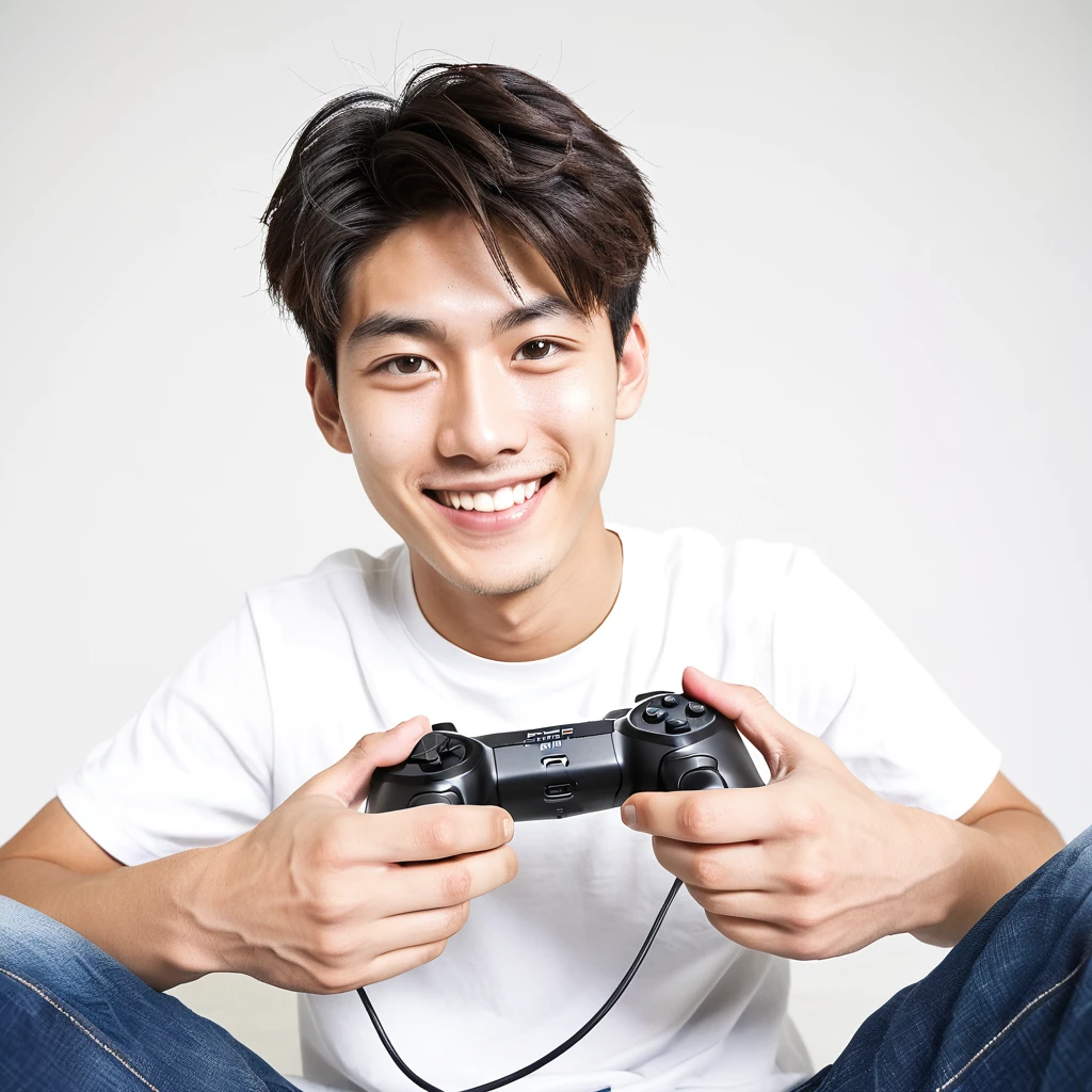 male　youth　university student　Japanese　A refreshing look　holding a game controller in hand　looking at the camera　smile　Wide angle　White background