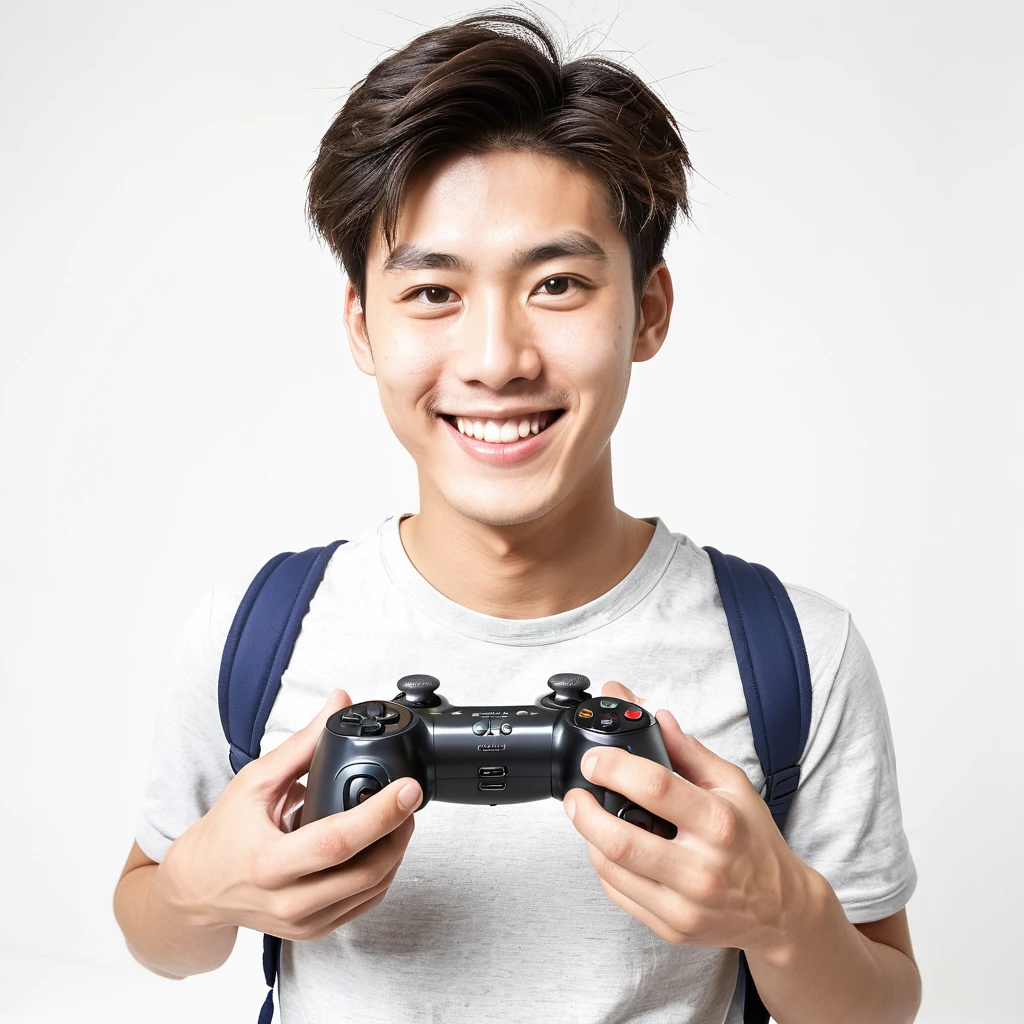 male　youth　university student　Japanese　A refreshing look　holding a game controller in hand　looking at the camera　smile　Wide angle　White background