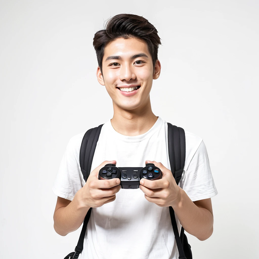 male　youth　university student　Japanese　A refreshing look　holding a game controller in hand　looking at the camera　smile　Wide angle　White background