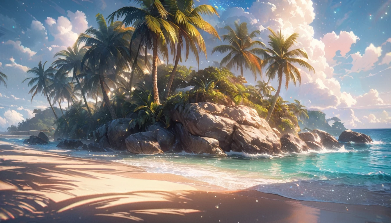Tropical coast, A wide sea with a visible horizon,A clear sky with cumulonimbus clouds,Palm tree,Blur the background,Pleasant sea breeze,Glitter effect,Highest quality, 8K, High resolution, masterpiece:1.2, Very detailed, Realistic:1.37, High resolution, 超High resolution, Ultra-fine painting, Very detailed, Professional, Vibrant colors