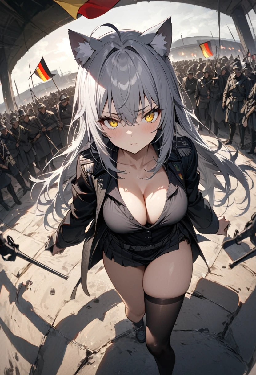 Grey long hairが揺れる、Dynamic Angles、Raising the German flag、Suspicious Gathering、Surrounded by enemies、(masterpiece, best quality:1.2), 1girl, 独奏、Gray cat ears、Grey long hair、Ahoge、Yellow Eyes、Gray cat ears、Background of military bases、Fisheye Lens、battlefield、Shadows of light and darkness、Expressionless、Grim face、battle、Black knee socks、Cleavage、