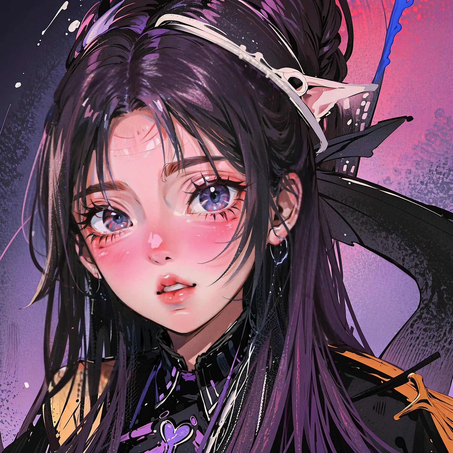 (painting:1.4), (Tabletop:1.2, Best quality:1.2), Progressive, Full body, 1 girl with brown hair, Single, look down, Focus on the face, Extreme facial detail, Cold eyes, Highly detailed eye, beautiful, makeup, Fingers on lips, Celestial neon eyes, Thin, Moderate build, White fur coat, Black socks, featuring.earringarco) Cafe) Purple hair Gothic ta dark Halloween