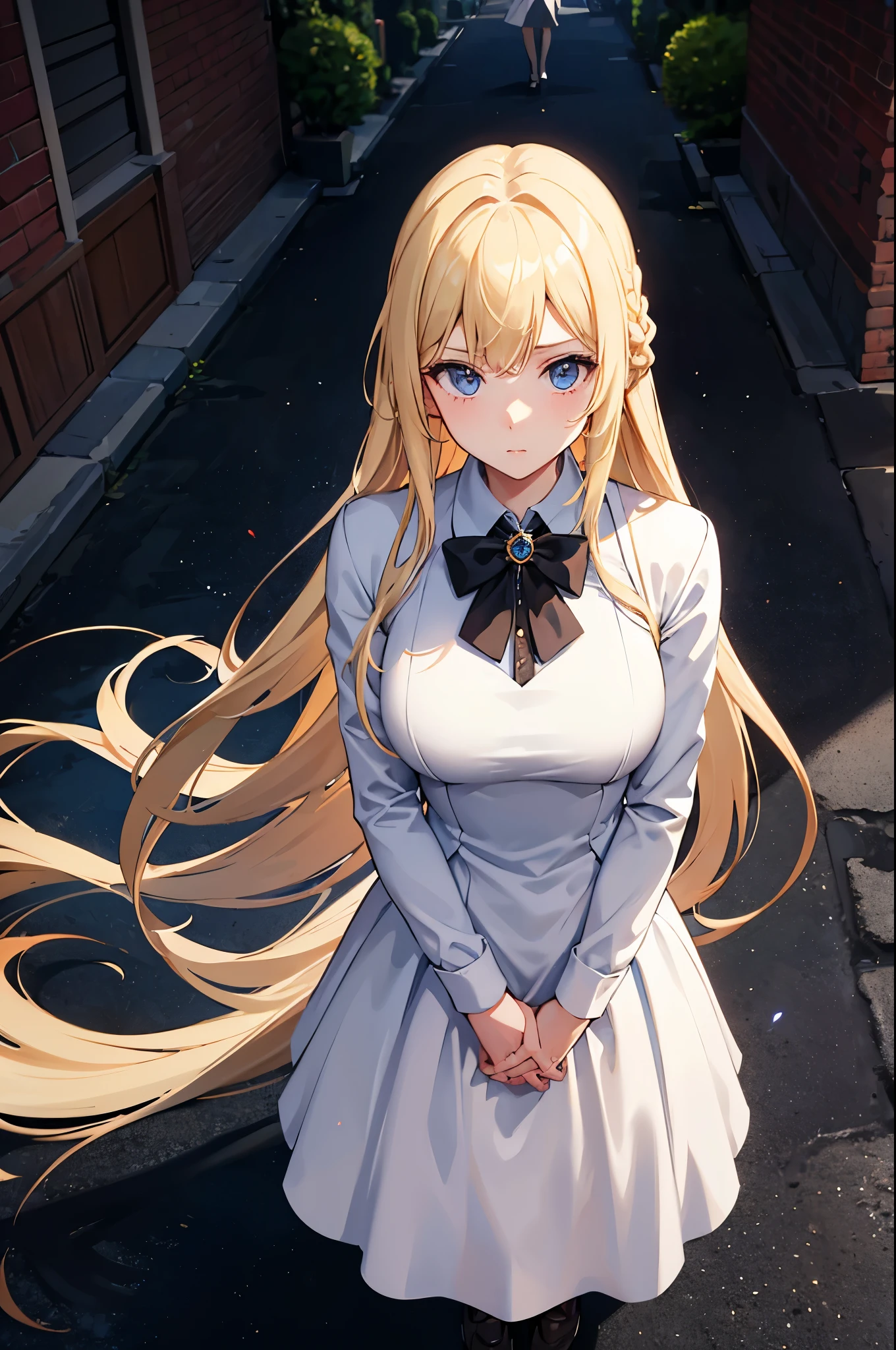 1woman, long hair, blonde hair, blue eyes, formal dress, standing on ground, high res, ultra sharp, 8K, masterpiece