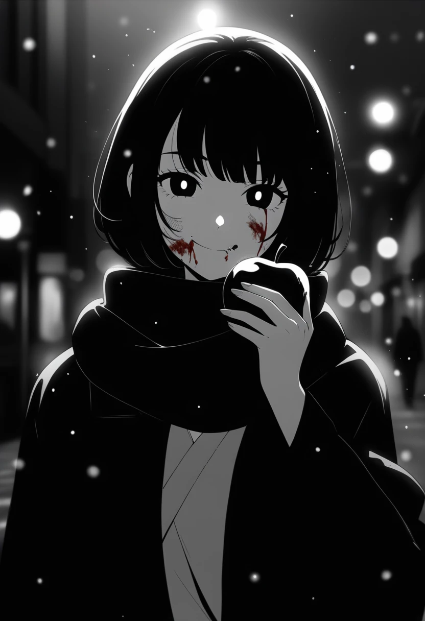 masterpiece, best quality, 1girl, momose_(oqo) official art, grayscale, manga style, japanese, chi no wadachi, black eyes, glowing white pupils, street, iced, smile, black hair, schoolbag, lineart, looking at viewer, blood on face, black coat, black scarf, 35 years old, mature_female:1, tall, fair skinned, bokeh background, bob cut, light particles, centered, snowing, emotional anime scene, (very aesthetic, best quality, ultra detailed), intricate details, red and blue lights flashing, cool, soleless, emotionless, tired, taking a bite out of a shiny red apple, eating apple, holding apple to lips
