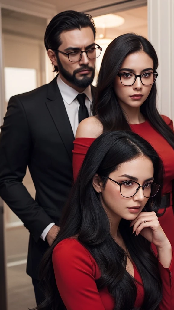 Cover for a mafia book. A young woman in a plain red dress, with long, wavy black hair and glasses. And a handsome man in a black suit, with beard, with well-cut black hair, serious, strong and tall. The couple will be in the background of an office.