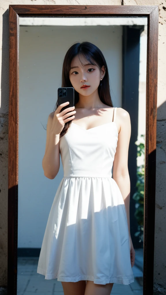 score_9,score_8_up,score_7_up,fine details in everything,KOREAN,KPOP,
portrait,(shadows:1.4),day,mirror shot picture,holding an iphone 14,girl,wearing a dress