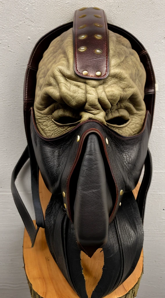 A realistic, detailed leather mask inspired by Leatherface from The Texas Chainsaw Massacre, isolated on a plain background, showing only the mask with no character or face,A mask made of human facial leather,Aged mask