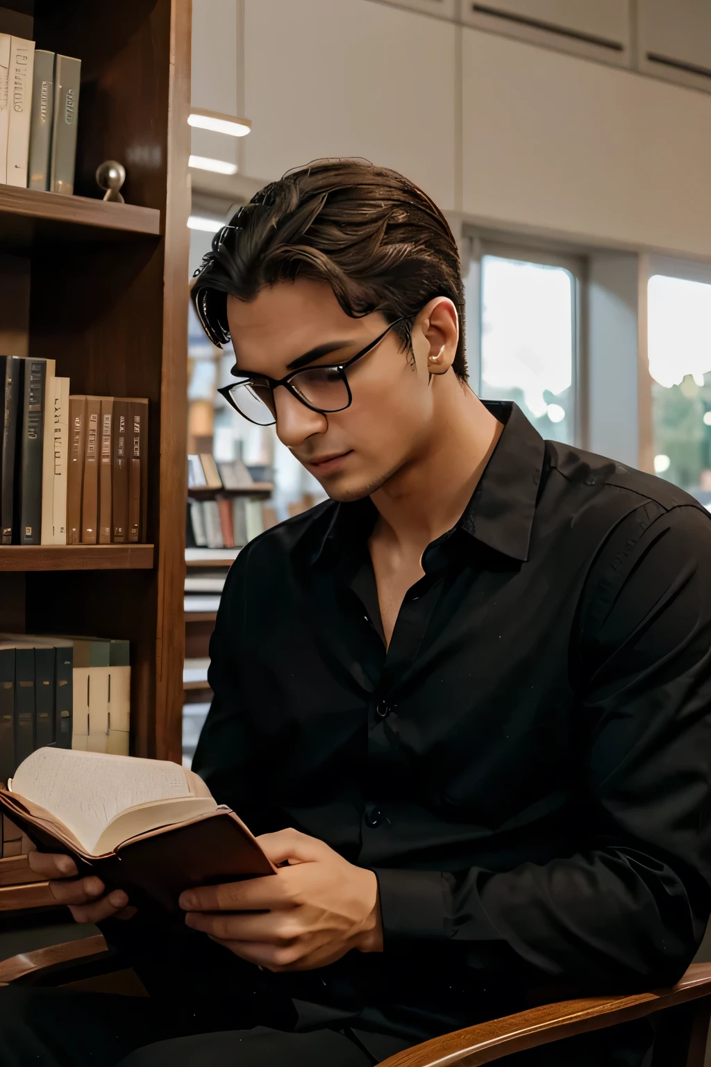man in black shirt and glasses, elegant studying book in library