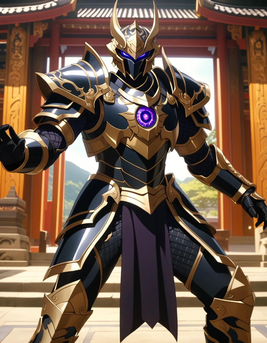 An epic close-up of the dark paladin, looking at the viewer, (alone), light full body armor, (The armor covers the entire body), negro, golden edges, Dragon Eye Inlaid Armor, combat pose, full body shot, in a temple in the background, anime screencap, Masterpiece, The best quality, high detail