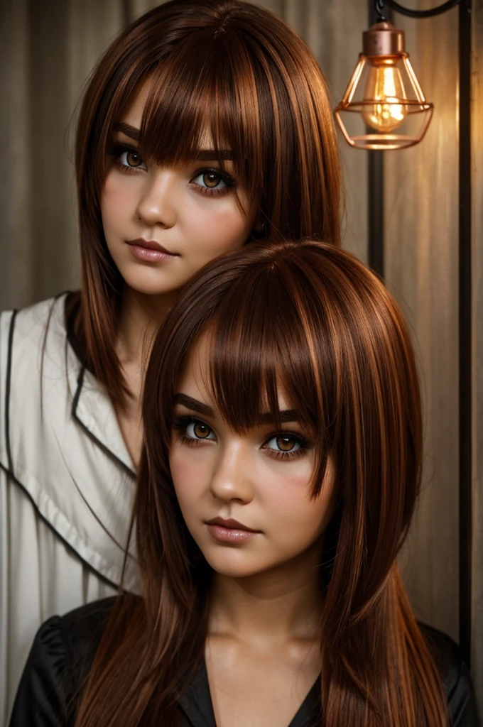 A blight doll with Light copper hair brown eyebrows dark black eyes and no bangs short layered hair