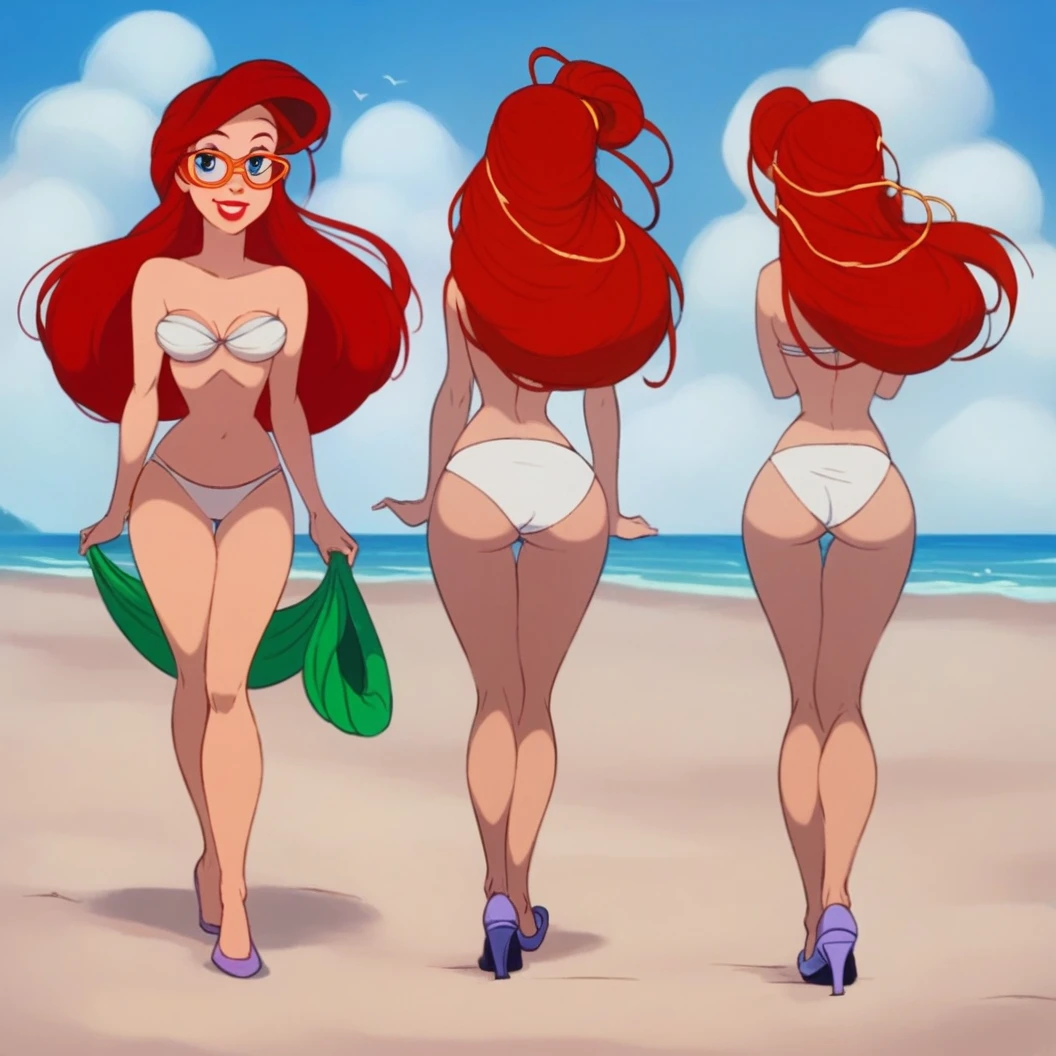 ariel, 1girl, fair skin, red lips, red hair, large aqua-blue eyes, human, 1girl solo, outdoors, beachfront, looking at viewer, glasses, detailed rear view, topless, standing, wiggling her bottom, full view, legs, purple heels, white panties, hula dance, white bra, big butt, thicc, hula skirt, beach, blonde hair