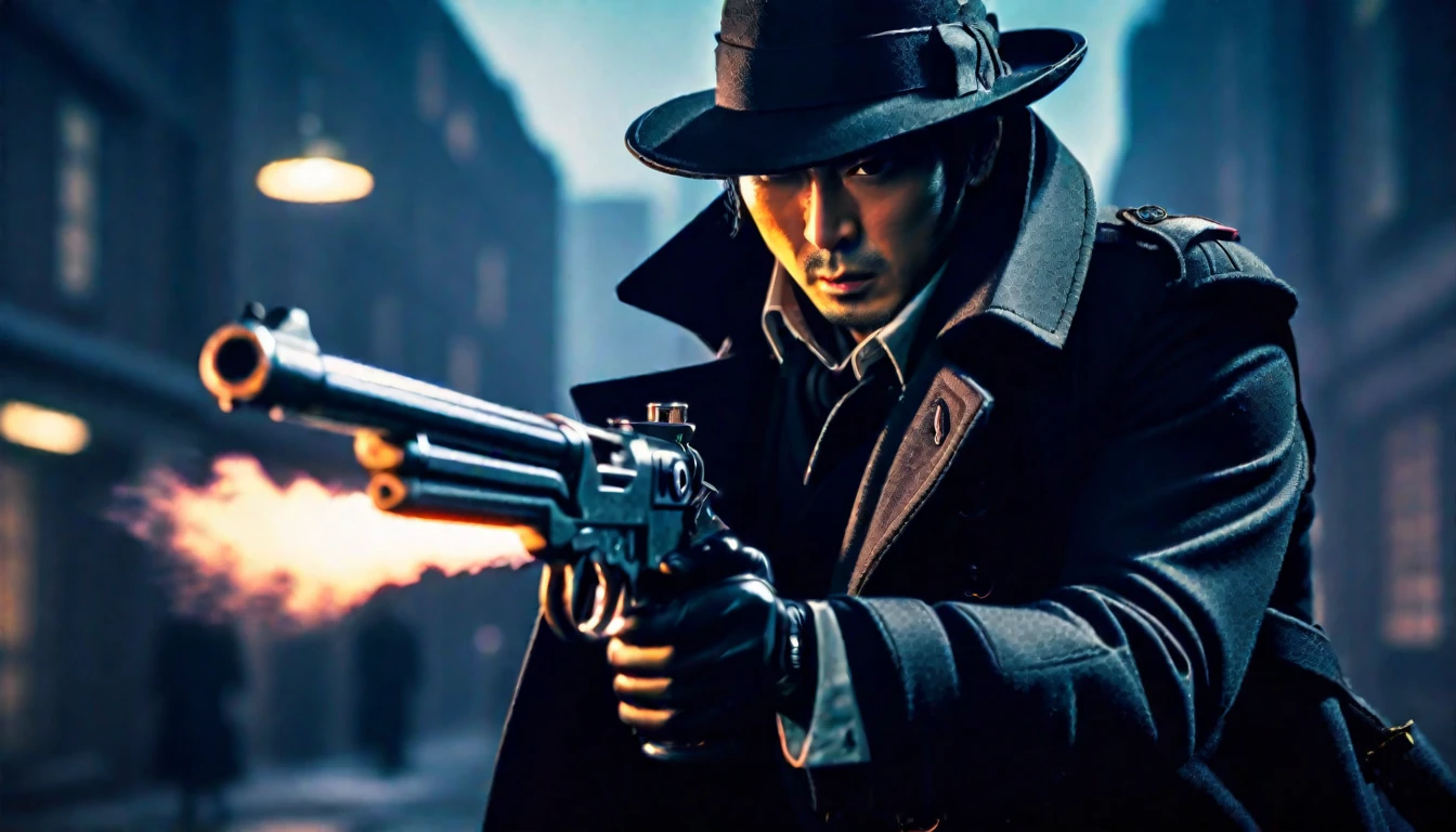 score_9, score_8_up, score_7_up, source_anime, detailed, 8k, cinematic angle, rating from side, safe, Wide-angle lens, a man in Black Trench Coat is holding a tommy gun to viewer,