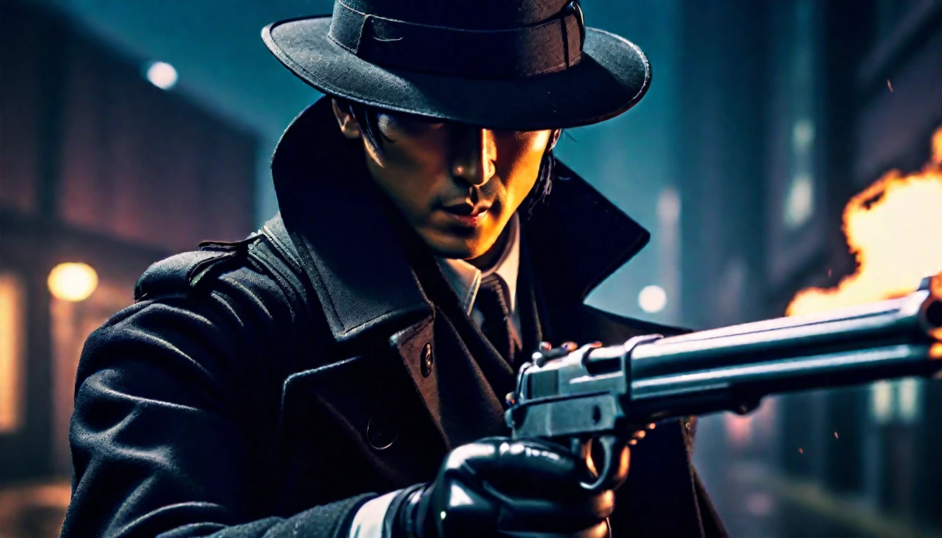 score_9, score_8_up, score_7_up, source_anime, detailed, 8k, cinematic angle, rating from side, safe, Wide-angle lens, a man in Black Trench Coat is holding a tommy gun to viewer,