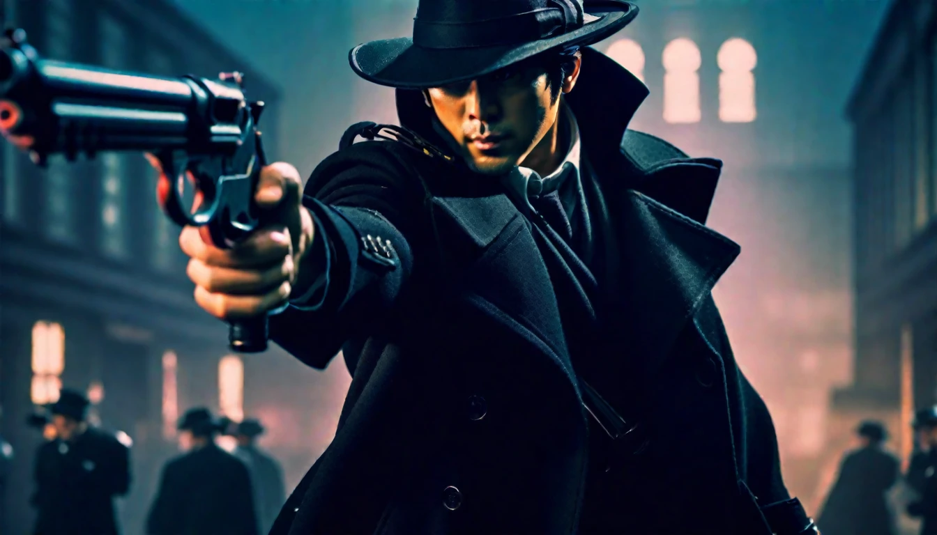 score_9, score_8_up, score_7_up, source_anime, detailed, 8k, cinematic angle, rating from side, safe, Wide-angle lens, a man in Black Trench Coat is holding a tommy gun to viewer,