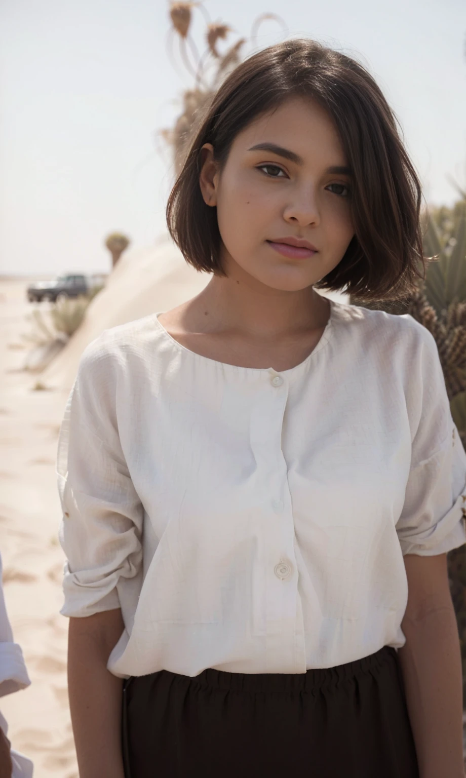 there is a woman standing on a beach with a man in the background, in desert, in the desert, in a desert, subtle details, detailed portrait shot, wearing white clothes, with short hair, on the desert, close up half body shot, wearing a linen shirt, in white clothes, mid shot portrait, profile shot, shot on leica sl2
