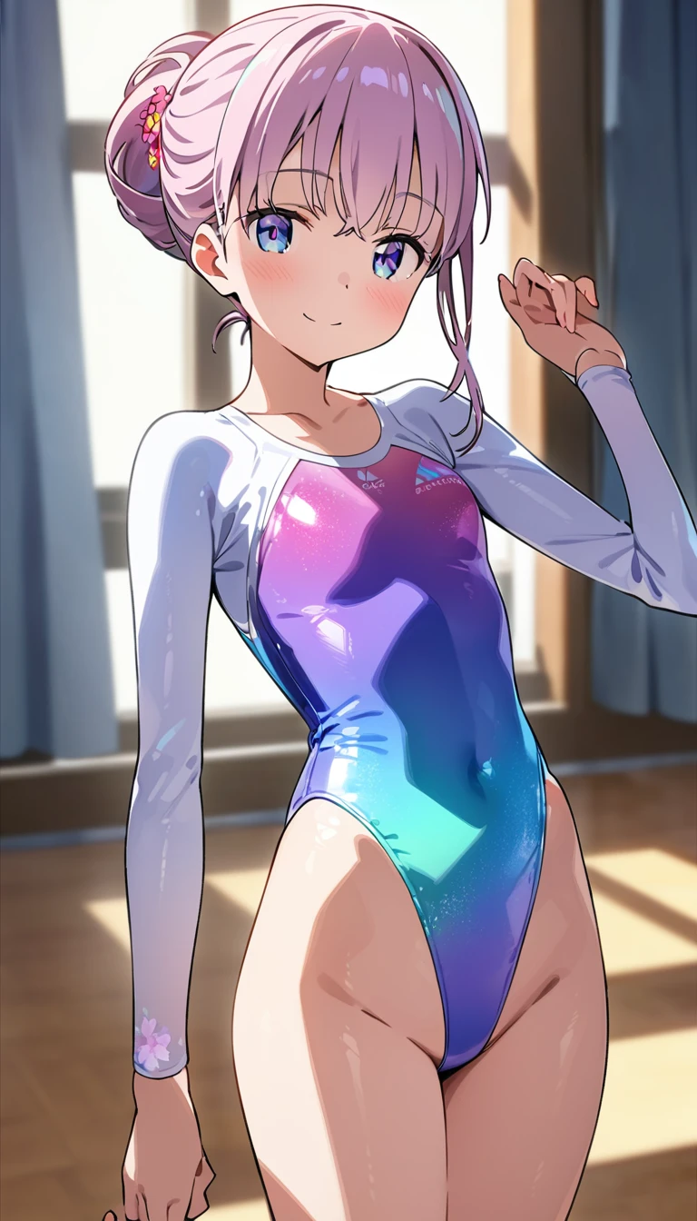 highquality illustration, masterpiece, very delicate and beautiful, attractive girl,(gymnastics leotard,long sleeve leotard with glittery decoration,high_leg leotard,athletic leotard,tight-fit leotard,iridescent gradient leotard,long-sleeve leotard),thin,slender body,slim,high school,gymnasium background,gymnastics club,gymnastics athlete,princess, beautiful eyes,light smile,(masterpiece, best quality:1.2), highres, extremely detailed CG unity 8k wallpaper, perfect lighting, Colourful, ultra-high res,4K,ultra-detailed, photography, 8K, HDR,  ages,cowboy shot,