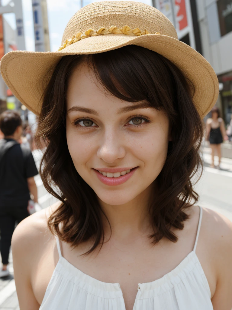 1girl, solo, photorealistic, realistic, long hair, ((ugly:1.5)), middle age, 35-year-old woman, wrinkles on her face and body, Caucasian woman, straight nose, dark brown hair, diamond face shape face, white skin, thin lips, monolid eyes, (medium shot, half body), (realistic:1.3), finely detailed, quality, rembrandt lighting, (masterpiece:1.2), (photorealistic:1.2), (best quality), (detailed skin:1.3), (intricate details), dramatic, ray tracing, 1girl, japanese girl, 21 years old, detailed skin texture, (blush:0.5), (goosebumps:0.5), subsurface scattering, smiling, medium breasts, short hair curls, bangs, hair between eyes, white sun hat, rom_1, strapless white ruffled romper, platform shoes, full body, strolling, (bright sunny day, tokyo, Harajuku, Takeshita Street, fashion boutiques, street vendors, sky),