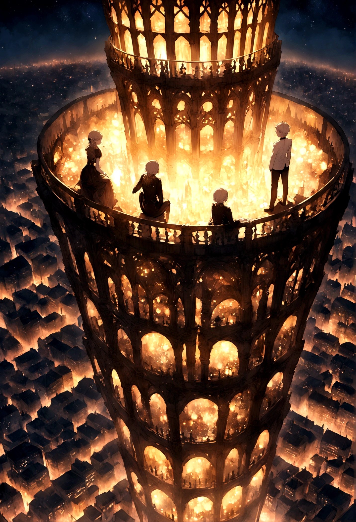 Gojo Satoru sitting on a huge tower, looking at the city, City is shining with full of lights at the night time, sky is shining with beautiful stars in the night.