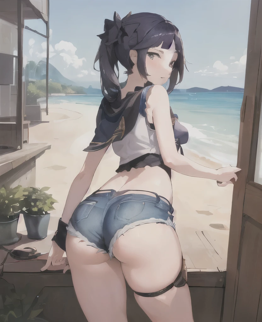 masterpiece, best quality, 1girl, solo, mona , mona (genshin impact, back view, jean shorts, tight shorts, summer clothes, ass, ass focus, Nice ass
