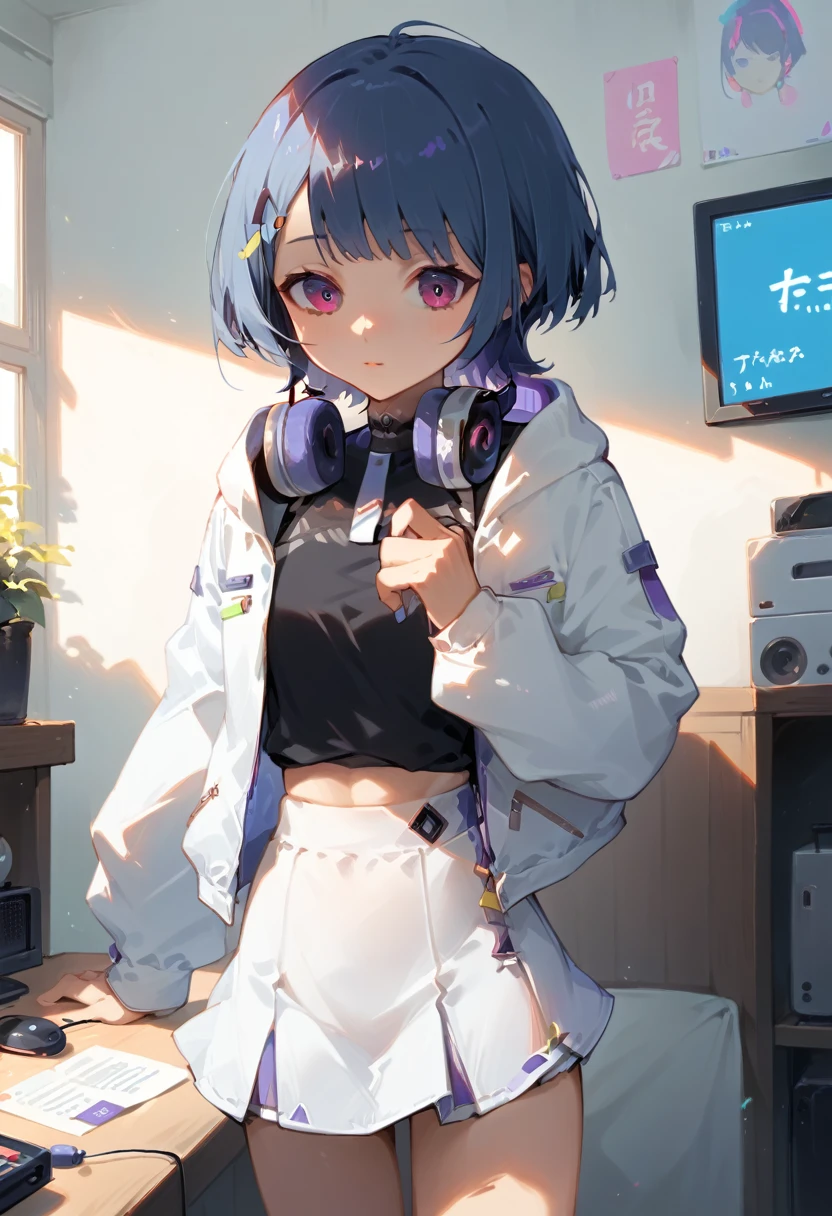 Koshimizu Toru（Nijisanji）,headphone,Short Hair,Dark blue hair,White jacket,Black innerwear,White tight skirt,Inside the house,neon