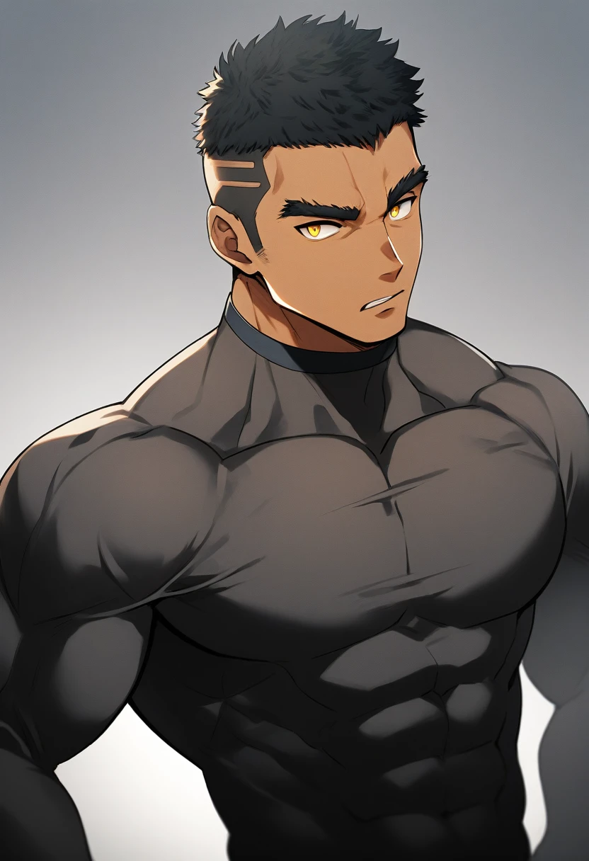 anime characters:Tights superhero, Muscle superhero, negro black skin, 1 dark skin muscular tough guy, Manliness, male focus, Yellow and black striped high collar long sleeve tight T-shirt, Slightly transparent material, Very tight, Round, full and perky chest muscles, Slightly transparent, muscular male, muscular, only, Upper body, alone, Black short hair, Thick eyebrows, stubble, Yellow eyes, Grey background, simple background, amazing quality, best aesthetics, Ridiculous, bright pupils, crew cut, parted lips, seductive smile, torogao, naughty face, drop shadow, best quality