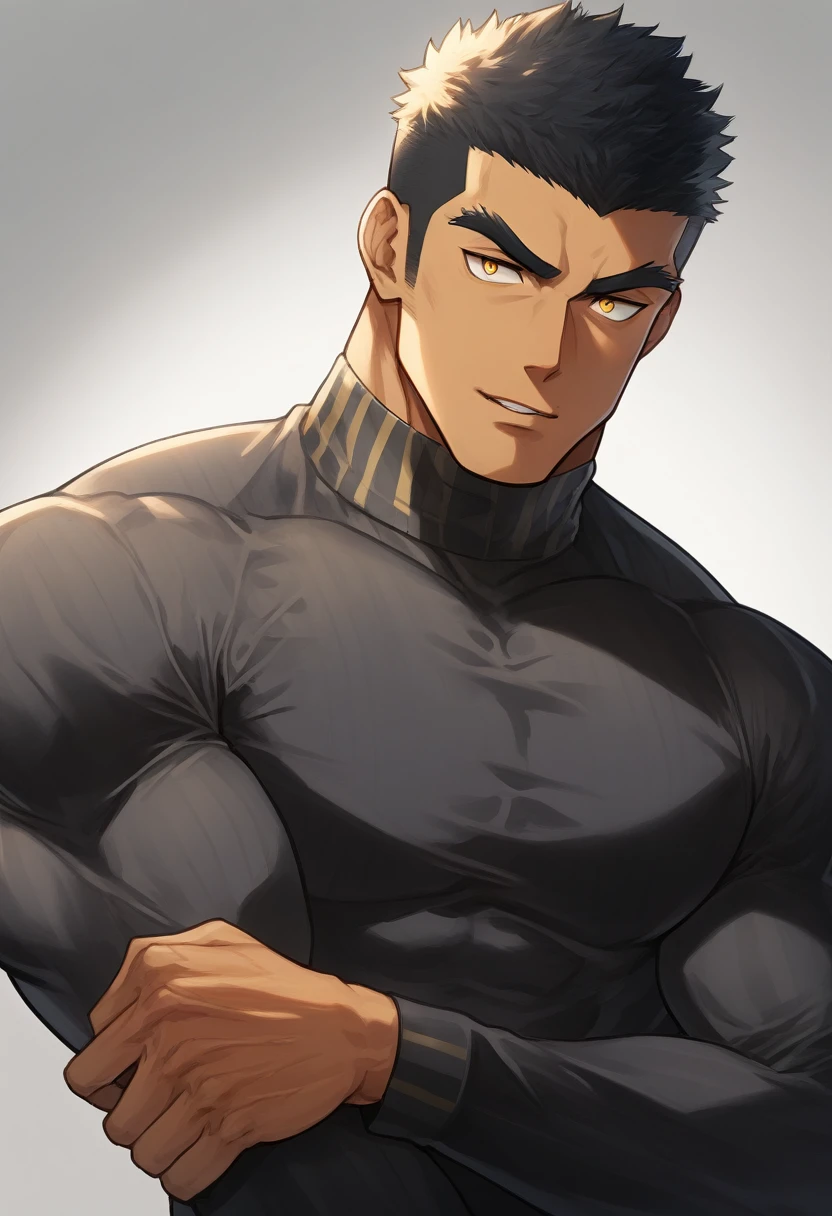 anime characters：Tights superhero, Muscle superhero, negro black skin, 1 dark skin muscular tough guy, Manliness, male focus, Yellow and black striped high collar long sleeve tight T-shirt, Slightly transparent material, Very tight, Round, full and perky chest muscles, Slightly transparent, muscular male, muscular, only, Upper body, alone, Black short hair, Thick eyebrows, stubble, Yellow eyes, Grey background, simple background, amazing quality, best aesthetics, Ridiculous, bright pupils, crew cut, parted lips, seductive smile, torogao, naughty face, drop shadow, best quality