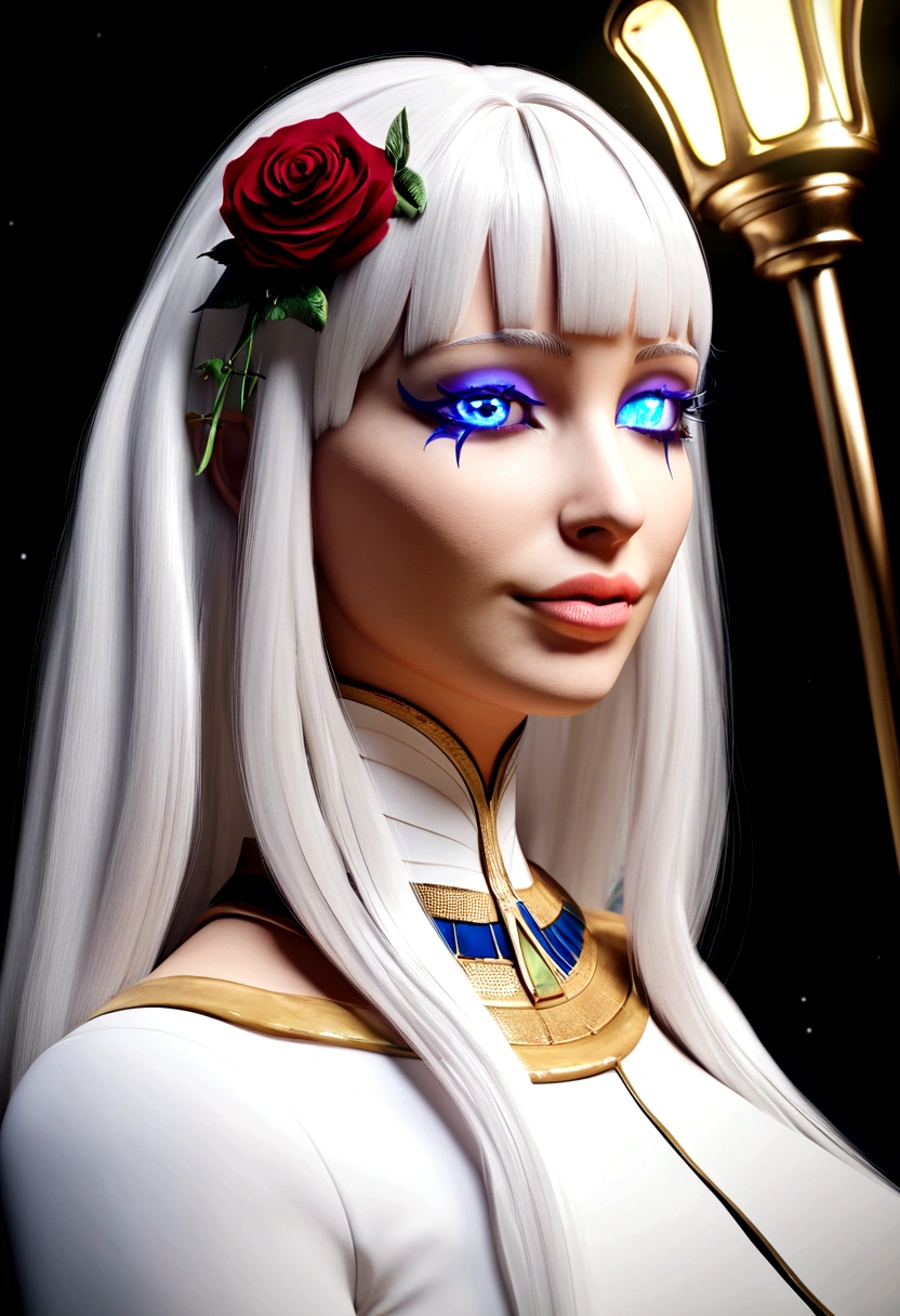 (best quality,4k,8k,highres,masterpiece:1.2),ultra-detailed,realistic,norwegian girl,white hair,white outfit,pharaoh haircut,roses in hair,detailed eyes, clothe of goddess, detailed lips,star under one eye, night background, street lamps lighting up the scene