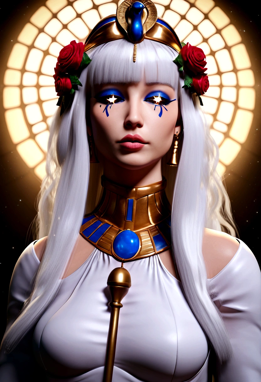 (best quality,4k,8k,highres,masterpiece:1.2),ultra-detailed,realistic,norwegian girl,white hair,white outfit,pharaoh haircut,roses in hair,detailed eyes, clothe of goddess, detailed lips,star under one eye, night background, street lamps lighting up the scene