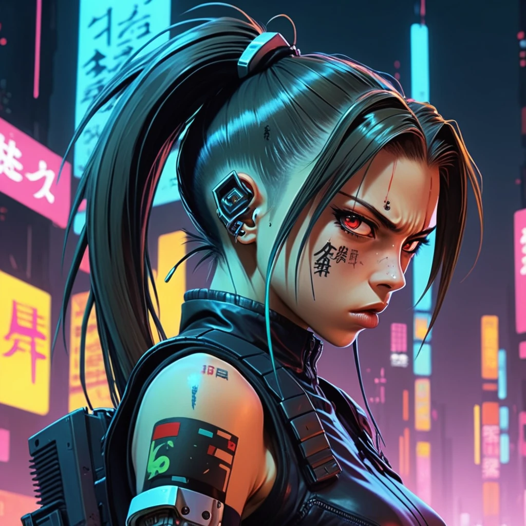 ((Anime illustration)), Woman in 90s anime cyberpunk style,ponytail、Angry face、 masterpiece, fuck 、Tattoo on arm